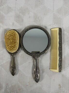 Vintage Silver Plated Vanity Set With Mirror Brush and Comb Ornate Floral Design